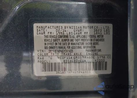 2016 Nissan Sentra Sv из США, поврежденный, VIN 3N1AB7AP4GY241405